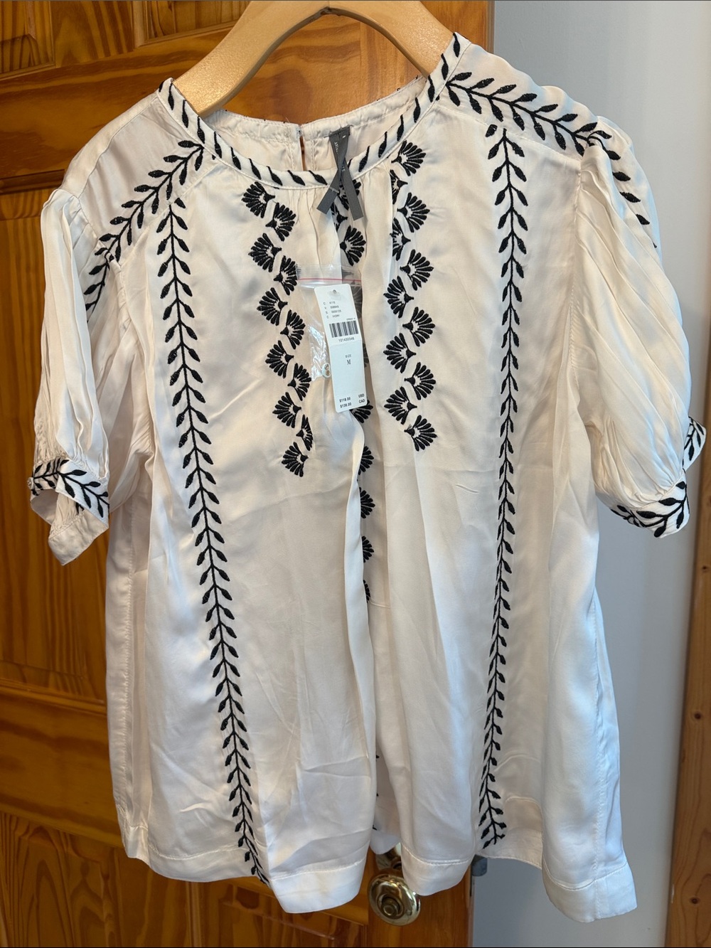 Anthropologie Silk White Peasant Blouse with Black Embroidery